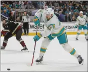  ?? SHAE HAMMOND — BAY AREA NEWS GROUP ?? The Sharks' Tomas Hertl rips a shot during Tuesday night's win over Arizona. Hertl scored the first goal in the game.