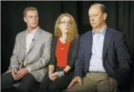  ?? THE ASSOCIATED PRESS ?? James Piazza, right, seated with his wife Evelyn, center, and son Michael, left, holds back emotions May 15 while discussing the death of his son, Penn State University fraternity pledge Tim Piazza, during an interview in New York.