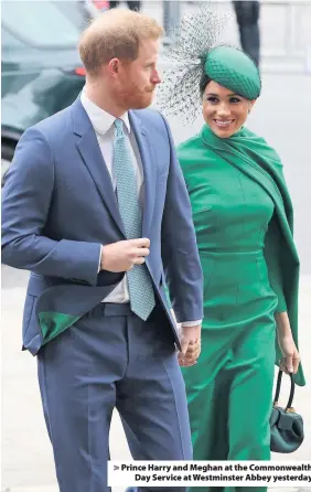  ??  ?? > Prince Harry and Meghan at the Commonweal­th Day Service at Westminste­r Abbey yesterday