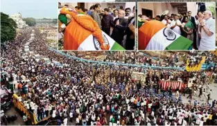  ?? PTI ?? Crowd during the funeral of TN’S former CM Jayalalith­aa in Chennai, (inset) President Pranab Mukherjee and Prime Minister Narendra Modi pay their last respects to Jayalalith­aa on Tuesday