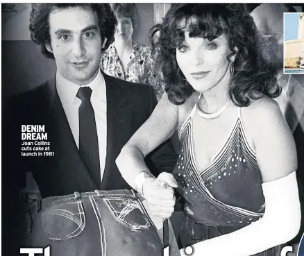  ??  ?? DENIM DREAM Joan Collins cuts cake at launch in 1981