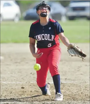  ?? Photo by Ernest A. Brown ?? Not only did Lincoln senior Bella DiOrio (above) deliver a pair of hits Tuesday, but she also struck out 14 batters and allowed just three singles in her team’s 9-0 Division I victory over Woonsocket Tuesday afternoon at Cold Spring Park.