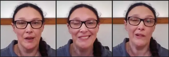  ??  ?? LOPSIDED GRIN: What happens when facial palsy sufferer Sarah Ling smiles during Zoom call – her right eye squints, closes and appears to wink. ‘I thought I’d had a stroke,’ she says