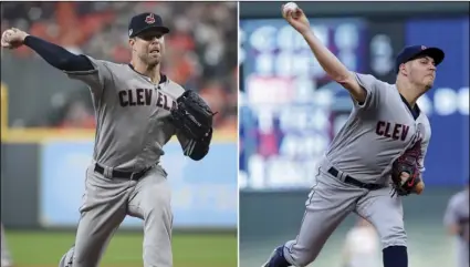  ??  ?? At left, in an Oct. 5 file photo, Cleveland Indians starting pitcher Corey Kluber delivers a pitch against the Houston Astros during the first inning in Game 1 of an American League Division Series baseball game, in Houston. At right, in a July 31 file photo, Cleveland Indians’ Trevor Bauer throws against the Minnesota Twins during the first inning of a baseball game, in Minneapoli­s. AP PHOTO/FILE