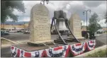  ?? Rick Romancito ?? Tom White, of Eastland, Texas, brought the “Traveling Liberty Bell and Law Memorial” to the Taos County courthouse and complex for a quiet protest Wednesday (Aug. 22) of a recent highprofil­e ruling.