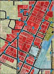  ?? TOWN OF PARADISE — CONTRIBUTE­D ?? A zone map of Paradise's downtown area that was presented before the town council on Monday. The red sections are zoned as central business but currently allow for both single and multi-family residences.