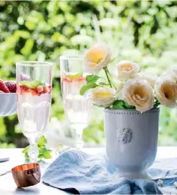  ??  ?? TOP: Details as on page 181. BOTTOM, FROM LEFT: Astier de Villatte cup (used as a vase), stylist’s own. Champagne glasses, $15, Honeybee Homewares. Copper scoop, $22, and linen napkin in Blue, $79/set, both The DEA Store. Stockists, page 188