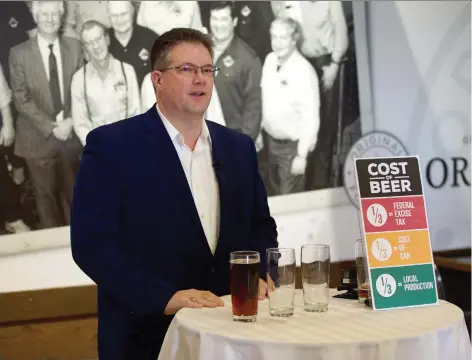  ?? MATT OLSON ?? Michael Brennan, president and CEO of Great Western Brewing Company, speaks against the automatica­lly increasing federal excise tax on beer during a media event at the brewery Thursday. He says the tax increases have a direct impact on the price of beer.