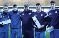  ?? ?? ●●From left: Tom Kennedy, Owen Collinge, Lee Donafee, Steve Hoy and George Wyatt from Ramsbottom United with some of the gifts for Turfcote Nursing Home