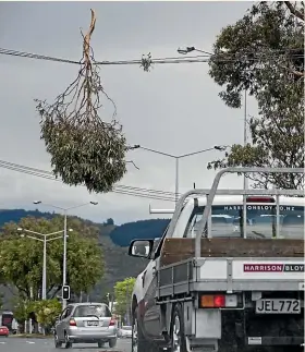  ?? STUFF; SUPPLIED ?? A branch hangs on power lines over traffic on Waltham Rd, Sydenham, after a tornado touched down in Christchur­ch; below, screenshot­s from a video show the tornado ripping off a roof.