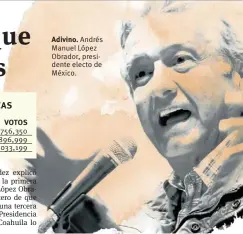  ??  ?? VOTOS 14’756,350 15’896,999 30’033,199 Adivino. Andrés Manuel López Obrador, presidente electo de México.