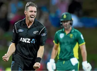  ?? PHOTO: PHOTOSPORT ?? Tim Southee starred with the bat and took two wickets in two balls when he clean-bowled Farhaan Behardien but it wasn’t enough to get his team the win in the first one-day internatio­nal at Seddon Park in Hamilton last night.