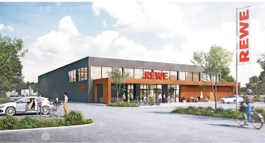  ?? GRAFIK: GRONAU PLAN GBR ?? So soll der neue Rewe-Markt aussehen. Der Vollsortim­enter ist dort geplant, wo heute der Hit-Markt steht. Der Eingang wird von der Bahnhofstr­aße verlegt in Richtung Hagebaumar­kt.