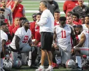 ?? DAVID JABLONSKI / STAFF ?? Urban Meyer says “it’s too early” to make assessment­s of this team, but that process will begin in earnest with Saturday’s scrimmage.