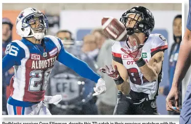  ??  ?? Redblacks receiver Greg Ellingson, despite this TD catch in their previous matchup with the Als on Aug. 31, has not been as productive the past three games as he was earlier in the year.