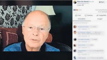  ?? FACEBOOK/ BISPO MACEDO ?? Nas redes. O líder da Igreja Universal do Reino de Deus, bispo Edir Macedo, afirma no Facebook que votará em Bolsonaro