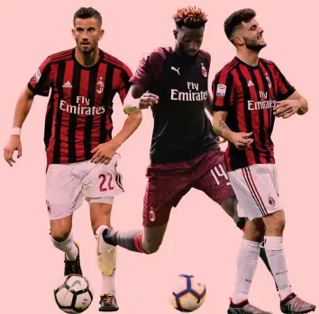  ?? GETTY IMAGES/LAPRESSE/ANSA ?? Da sinistra Mateo Musacchio, 28 anni, Tiemoué Bakayoko, 24 e Patrick Cutrone, 20