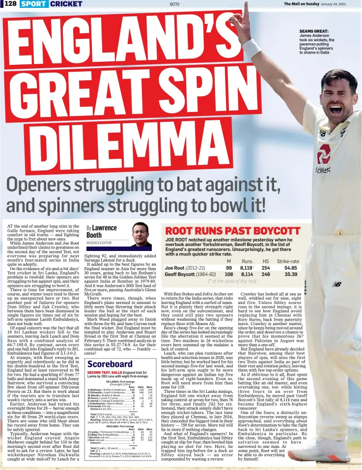  ??  ?? SEAMS GREAT: James Anderson took six wickets, the paceman putting England’s spinners to shame in Galle