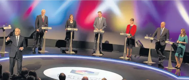  ?? Huw John ?? > BBC presenter Huw Edwards, left, with, from left, Carwyn Jones, Alice Hooker-Stroud, Nathan Gill, Leanne Wood, Andrew RT Davies and Kirsty Williams at the Leaders’ Debate