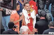  ?? Dale Zanine ?? Atlanta Hawks guard Trae Young (11) reacts before being interviewe­d after the Hawks defeated the Miami Heat in game three of the first round for the 2022 NBA playoffs at State Farm Arena.