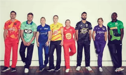  ??  ?? Birmingham Phoenix’s Chris Woakes, Oval Invincible­s’ Jason Roy, London Spirit’s Heather Knight, Trent Rockets’ Nat Sciver, Welsh Fire’s Katie George, Manchester Originals’ Saqib Mahmood, Northern Supercharg­ers’ Lauren Winfield and Southern Brave’s Jofra Archer. Photograph: ECB/PA