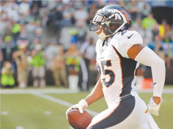  ?? John Leyba, The Denver Post ?? Broncos cornerback Chris Harris has made eight intercepti­ons during his NFL career, including one against the Seahawks in Seattle this season.