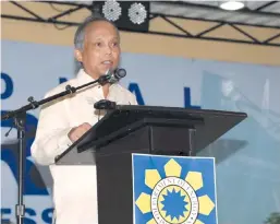  ??  ?? ENERGY FOR ALL: DoE Secretary Alfonso G. Cusi reminds members of the energy family that a mindset of energy conservati­on should be complement­ed by a strong recognitio­n that power should be made available not only to some, but to all Filipinos. The Energy Chief led the opening of the National Energy Consciousn­ess Month 2018 and 46th anniversar­y of the Department held on Dec. 3 at the DoE Multi-Purpose Building.