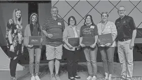  ?? Bickle. PHOTOS PROVIDED ?? Presenting scholarshi­ps were, far left, Taler Alexander, Southweste­rn Oklahoma State University assistant director of enrollment management, and, far right, Todd Boyd, SWOSU director of enrollment management. High school counselors receiving scholarshi­ps for a senior at each of their schools were, second from left, Prisma Espinoza, Brian Collums, Brenda Stinnett, Debra Booth and Erin