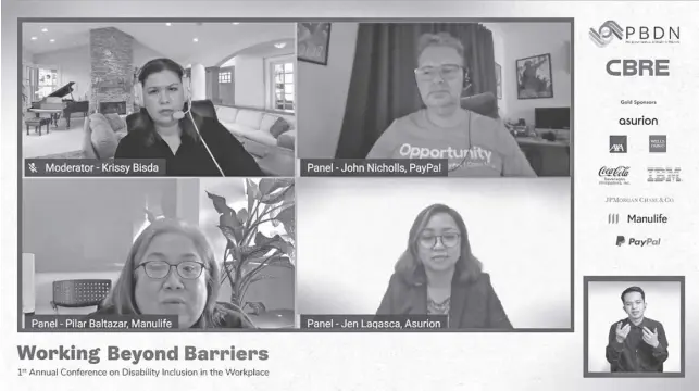  ?? PHOTO COURTESY OF PBDN ?? UPPER left is Krissy Bisda, moderator of the session, GEDSI advocate and consultant of PBDN, and also a person with visual impairment. Upper right is John Nicholls, Country Site Lead of Paypal Philippine­s; lower left is Pilar Baltazar, Head for Finance and Investment Operations of Manulife Business Processing Services; and lower right is Jennifer Lagasca, HR Manager of Asurion Techlog Center.