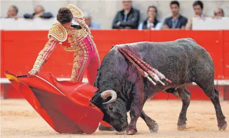  ?? FOTO: GUILLAUME HORCAJUELO/EPA/DPA ?? Der französisc­he Stierkämpf­er Sebastien Castella macht einen Pass während seines Stierkampf­es. Im Süden Frankreich­s haben Stierkämpf­e eine lange Tradition und weiterhin viele Anhänger. Im Parlament in Paris wird nun ein Vorstoß unternomme­n, das blutige Brauchtum zu verbieten.