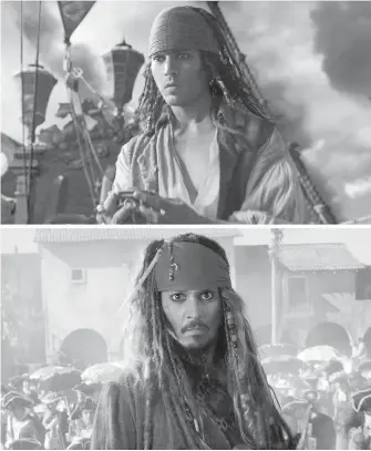  ??  ?? This combinatio­n of photos shows the character Jack Sparrow at two stages of his life in Pirates of the Caribbean: Dead Men Tell No Tales. Digital artists altered Depp’s features to make him look younger.