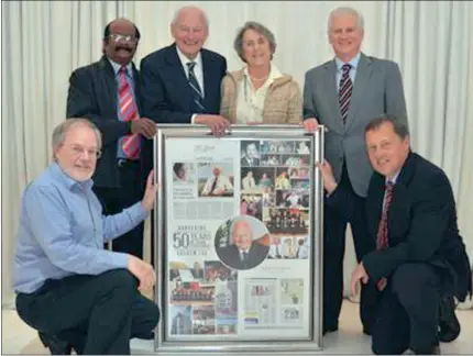  ??  ?? From left, former managing partner Roger Green; Paul Valayudum with 50 years service; Graham Cox, the founder of the firm; Jillian Cox; Alastair Hay, senior partner; Michael Jackson, managing partner. The collage was presented to Graham Cox in...