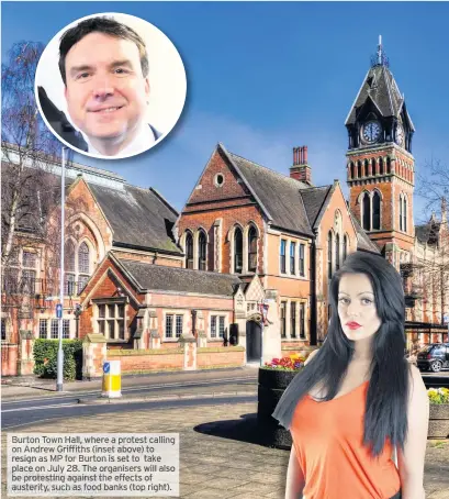  ??  ?? Burton Town Hall, where a protest calling on Andrew Griffiths(inset above) to resign as MP for Burton is set to take place on July 28. The organisers will also be protesting against the effects of austerity, such as food banks (top right).