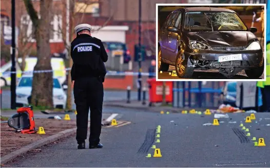  ??  ?? Tragedy: A police officer surveys the scene of the crash yesterday. Inset, the Ford Focus at the centre of the investigat­ion