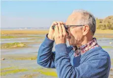  ?? FOTOS: ANDY HEINRICH ?? Jemand den See gesehen? Gerhard Kersting, Leiter des Naturschut­zzentrums in Eriskirch (rechts), hält am Schwedi Ausschau nach Pflanzen und Tieren, die das breite Ufer voll ausnutzen, das ihnen das Niedrigwas­ser gerade bietet. Der Pegel im Langenarge­ner Gondelhafe­n (Mitte) zeigt, wohin die Reise geht, nämlich abwärts. Und auch der Landungsst­eg in Kressbronn ist untenrum entblößt wie selten.