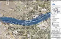  ?? IMAGES FROM GOVERNMENT OF ALBERTA ?? A look at the 1-in-100-year flood mapping for Medicine Hat’s Flats (top) and downtown areas. The maps do not take into account the nearly 7 km in berms the city has had built since 2013.