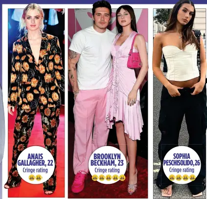  ?? ?? FAMILY TIES: Nepo kids include Lila Moss, left with mum Kate, and Brooklyn Beckham, centre with wife Nicola Peltz ANAIS GALLAGHER, 22 BROOKLYN BECKHAM, 23 SOPHIA PESCHISOLI­DO, 26 Cringe rating Cringe rating Cringe rating