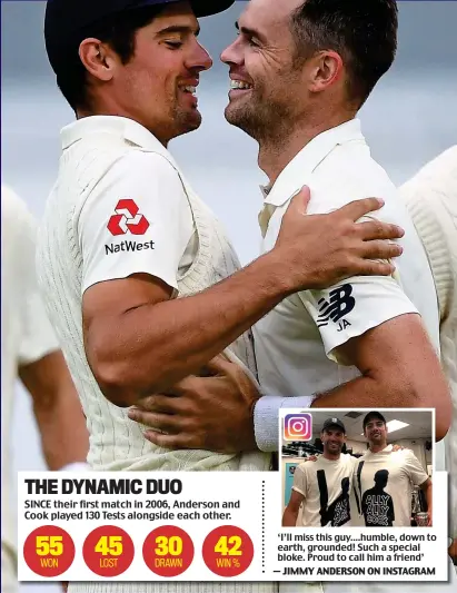  ?? REX ?? History boys: Alastair Cook embraces old friend Jimmy Anderson after the final wicket