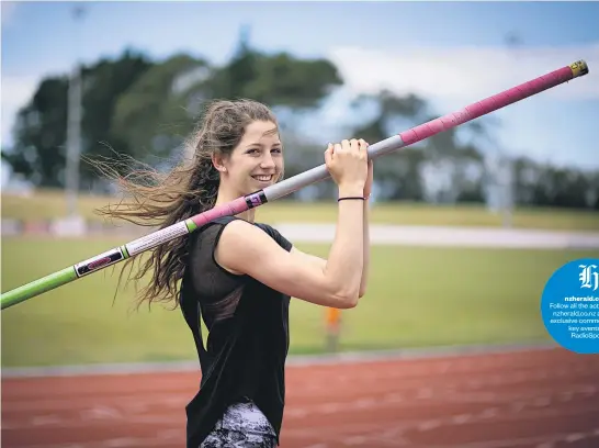  ?? Picture / Dean Purcell ?? Nineteen- year- old Eliza McCartney attempts to claim New Zealand’s first pole vault medal today.