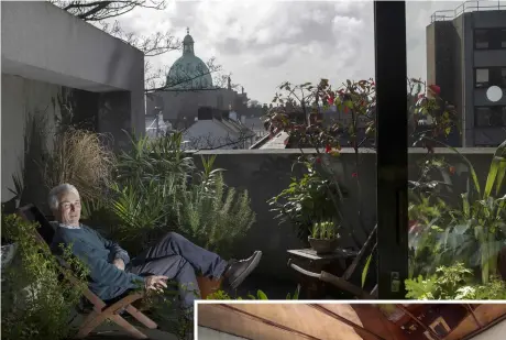  ??  ?? MAIN: Joe on the balcony off the kitchen with its view of the copper dome of Rathmines Church
