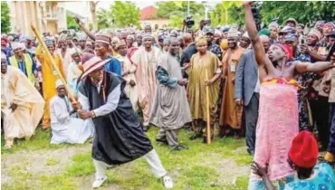  ??  ?? Gov. Bello Matawalle flagging off Sharo event by hitting a participan­t with a stick