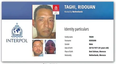  ?? ?? Ficha policial de la Interpol de Taghi, enemigo número uno de Taxi y condenado a cadena perpetua el pasado febrero.