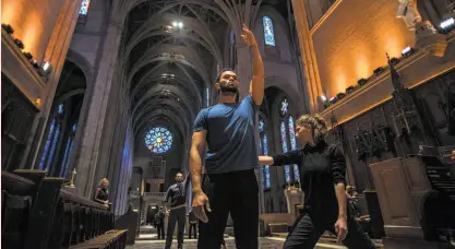  ?? Robbie Sweeny ?? Above: James Gilmer and Josie G. Sadan rehearse for “Path of Miracles” at Grace Cathedral. Right: Rachel Furst, a member of the ODC troupe, dances on the steps of the cathedral.
