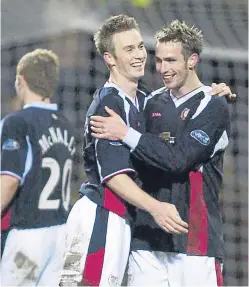  ?? Picture: SNS. ?? The Dark Blues’ run of results against Aberdeen in the league stands at 17 games without a win and goes back to December 18 2004 when Neil Barrett – seen, left, being congratula­ted by Steve Lovell – scored the only goal in a 1-0 win at Dens.