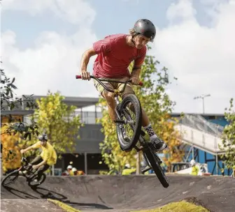  ??  ?? DylanWrigh­t works on a trick at the new bike park.