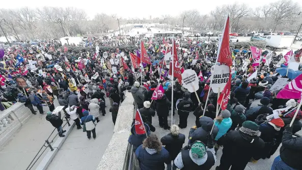  ?? TROY FLEECE ?? Rallies and protests broke out across the province in the past few months over plans to cut wages, reduce library funding and close the provincewi­de bus service, STC.