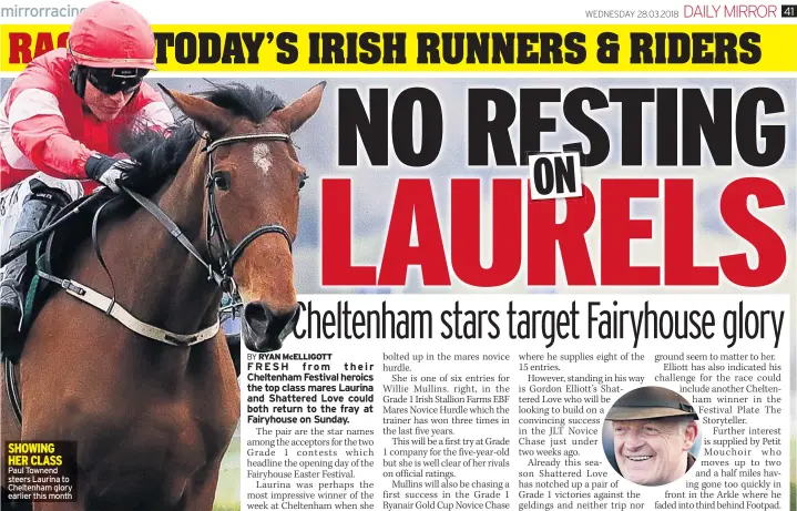  ??  ?? Paul Townend steers Laurina to Cheltenham glory earlier this month