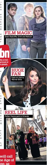  ?? ?? Stars Radcliffe, Grint and Watson Kate on visit to Warner Bros Potter theme park in Orlando