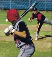  ??  ?? Clear Lake’s Ryan Ollensberg­er looks over a pitch from Drew Bradbury during Tuesday’s action in Lakeport.