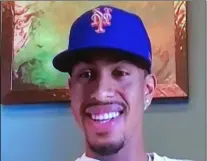  ?? HONS ?? This screen grab from a Zoom call on Monday, Jan. 11, 2021, shows four-time All-Star Francisco Lindor smiling while wearing a New York Mets baseball team hat. Lindor was traded to the Mets from the Cleveland Indians.